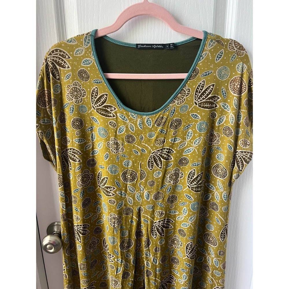 Gudrun Sjoden Dress Green Floral Asymmetrical Hem Shift Size Large - Picture 2 of 5